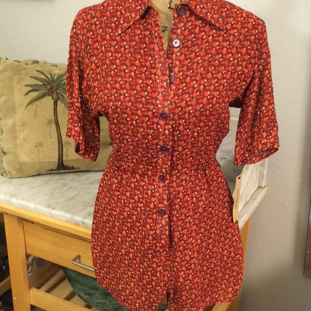 Women's Red Printed Button-Front Jumpsuit